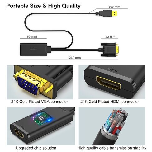 BENFEI VGA to HDMI Adapter, 1080P Converter with Audio from Computer/Laptop VGA Source to HDMI TV/Monitor in Saudi Arabia