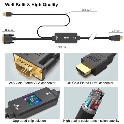BENFEI VGA to HDMI Cable with Audio, 6 Feet 1080P Cable from VGA Computer/Laptop to HDMI Monitor/TV(Not Bidirectional) in Saudi Arabia