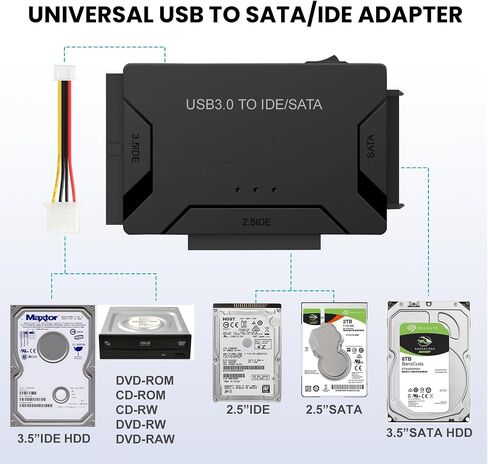 SATA IDE to USB 3.0 Adapter for 2.5" 3.5" SSD HDD 5Gbps Hard Drive Reader | Hard Drive Adapter with 2 IDE + 1 SATA Access, Plug & Play, External Ultra Recovery with 12V Adapter, Support UASP in Saudi Arabia