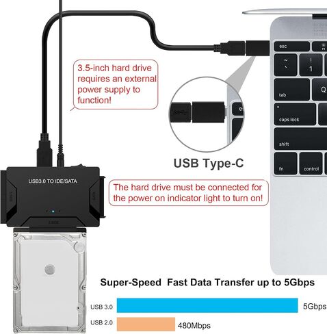 SATA IDE to USB 3.0 Adapter for 2.5" 3.5" SSD HDD 5Gbps Hard Drive Reader | Hard Drive Adapter with 2 IDE + 1 SATA Access, Plug & Play, External Ultra Recovery with 12V Adapter, Support UASP in Saudi Arabia