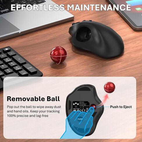 EDJO Wireless Trackball Mouse, Ergonomic Mouse with 30° Tilt, 5 DPI, Red | Thumb control, 3-device Bluetooth/2.4G, up to 160h battery, Type-C rechargeable, stays in place, removable ball, easy cleanup in Saudi Arabia