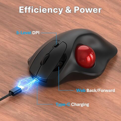 EDJO Wireless Trackball Mouse, Ergonomic Mouse with 30° Tilt, 5 DPI, Red | Thumb control, 3-device Bluetooth/2.4G, up to 160h battery, Type-C rechargeable, stays in place, removable ball, easy cleanup in Saudi Arabia