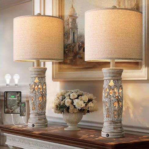 BOBOMOMO 27.25" Rustic Farmhouse Table Lamps Set of 2 – Vintage Bedside Lamps with Night Light & USB A+C Ports, Retro Lamps for Bedroom, Living Room, Entryway, Cozy Corner (Bulbs Included) in Saudi Arabia