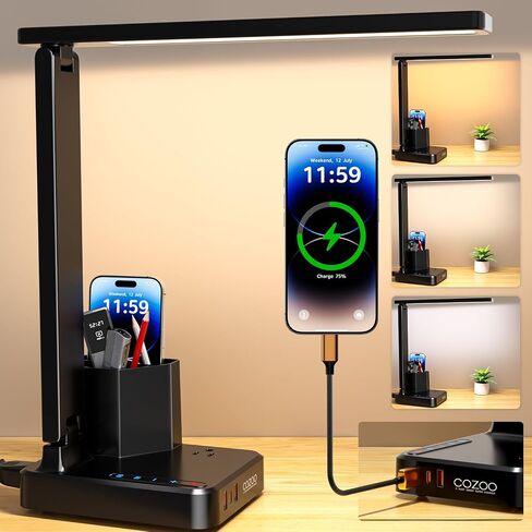 LED Desk Lamp for Dorm Office, USB C, AC Outlet Charging Port, Black | Dorm Room Essentials for Guys, Eye-Caring Touch Dorm Lamp with 3 USB Ports(1 USB-C)& AC Outlet, Small Study Desk Lamp Office in Saudi Arabia