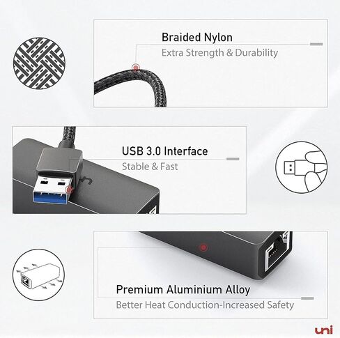 uni USB إلى محول إيثرنت، محول USB 3.0 مجاني إلى جيجابت إيثرنت | شبكة LAN بسرعة 100/1000 ميجابت في الثانية، محول إنترنت RJ45 متوافق مع أجهزة الكمبيوتر المحمول، MacBook، Surface، الكمبيوتر الشخصي الذي يعمل بنظام Windows، XP، Mac/Linux in Kuwait