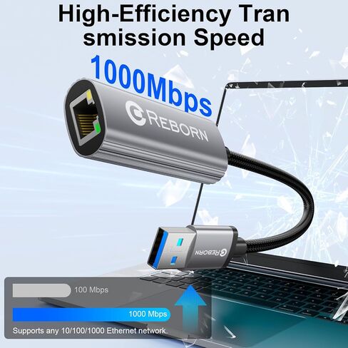 محول USB إلى إيثرنت من REBORN، محول USB 3.0 إلى RJ45 بسرعة 1000 ميجا بت في الثانية | محول شبكة USB-A إلى Ethernet LAN، لأجهزة الكمبيوتر المحمول، وأجهزة الكمبيوتر المكتبية، وWindows macOS Linux Chromebook والمزيد in Kuwait