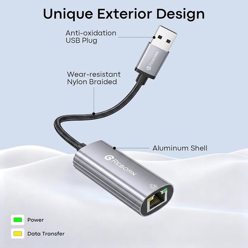 محول USB إلى إيثرنت من REBORN، محول USB 3.0 إلى RJ45 بسرعة 1000 ميجا بت في الثانية | محول شبكة USB-A إلى Ethernet LAN، لأجهزة الكمبيوتر المحمول، وأجهزة الكمبيوتر المكتبية، وWindows macOS Linux Chromebook والمزيد in Kuwait