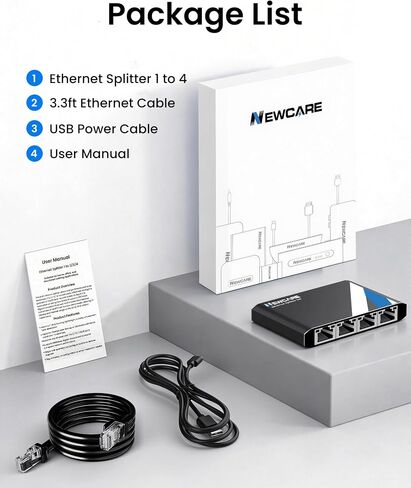 مقسم إيثرنت NEWCARE من 1 إلى 4 مع كابل LAN بطول 3.3 قدم، سرعة عالية 1000 ميجابت في الثانية | موزع إنترنت 1 في 4 مخرج [4 أجهزة شبكية في وقت واحد] موزع شبكة جيجابت متعدد المنافذ RJ45 لـ Cat5e/6/7/8 in Kuwait