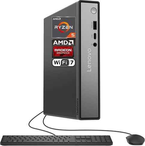 كمبيوتر Lenovo ThinkCentre 55q Gen 6 MFF Business، معالج AMD Ryzen 5 220، ذاكرة وصول عشوائي DDR5 سعة 16 جيجابايت، محرك أقراص PCIe SSD بسعة 256 جيجابايت، واي فاي 7، دعم شاشة 4K مزدوجة، لوحة مفاتيح وماوس سلكية، نظام التشغيل Windows 11 Pro in Kuwait