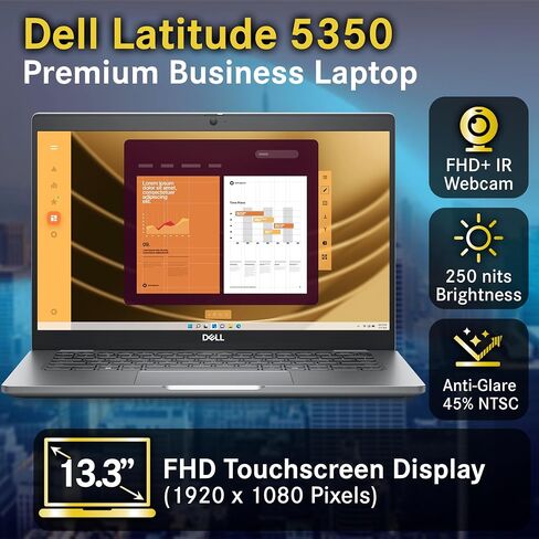 كمبيوتر محمول Dell Latitude 5350 بشاشة لمس 13.3 بوصة FHD AI للأعمال، Intel Core Ultra 7-165U، ذاكرة الوصول العشوائي DDR5 سعة 32 جيجابايت، 1 تيرابايت SSD PCIe، WiFi 6E + BT، لوحة مفاتيح بإضاءة خلفية، كاميرا ويب FHD+، Windows 11 Pro in Kuwait