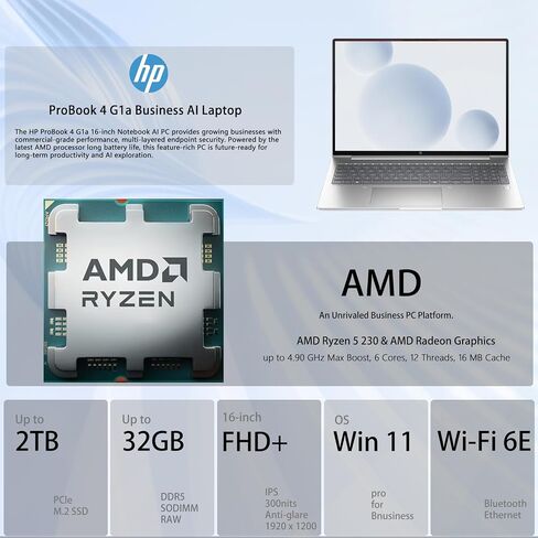 HP ProBook 4 G1a Business AI Laptop, 16" FHD+, AMD Ryzen 5 230 up to 4.9 GHz, 16GB DDR5, 512GB SSD, HDMI, 1080p FHD Camera, Wi-Fi 6E, Win 11 Pro, Long Life Battery, Fast Charging, Bundle w/ 7-in-1 Hub in Saudi Arabia