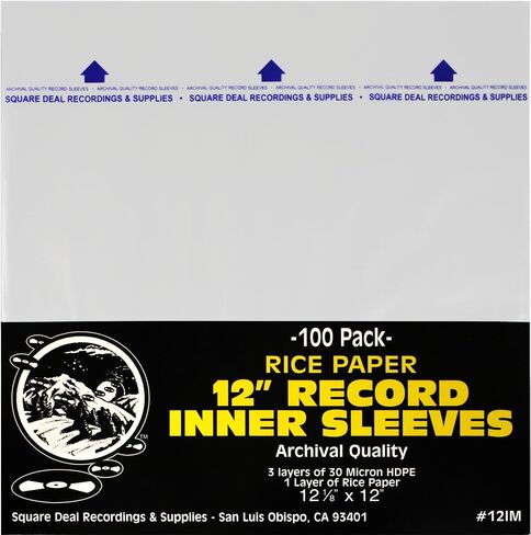 (100) 12 Inch Record Inner Sleeves - 3-Layers of Archival Quality, Anti-Static HDPE with Rice Paper Enclosed Insert for Extra Rigidity #12IM in Kuwait