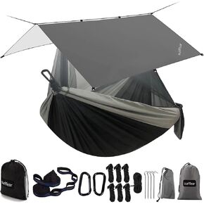Sunyear Hammock Camping with Rain Fly Tarp and Net, Portable Camping Hammock Double Tree Hammock Outdoor Indoor Backpacking Travel & Survival, 2 Tree Straps,100% Waterproof Black Bundle in Saudi Arabia