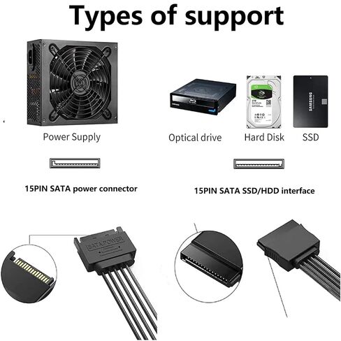 SATA Power Splitter Cable, 15 Pin to 4 SATA Power Splitter - 45cm/18in for HDD/SSD/Optical Drives in Saudi Arabia