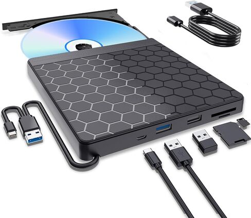 External CD/DVD Drive for Laptop, CD Burner with 2 USB Ports &TF/SD Card Slots, DVD Player for Laptop, USB 3.0 DVD Drive External CD Reader Compatible with Laptop Desktop PC Windows 11/10/8.1/7 Mac in Saudi Arabia