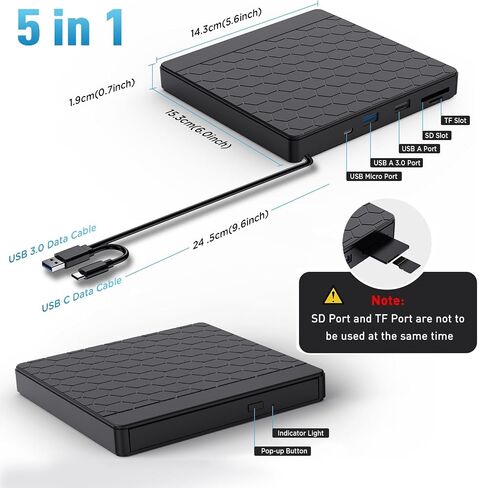 External CD/DVD Drive for Laptop, CD Burner with 2 USB Ports &TF/SD Card Slots, DVD Player for Laptop, USB 3.0 DVD Drive External CD Reader Compatible with Laptop Desktop PC Windows 11/10/8.1/7 Mac in Saudi Arabia