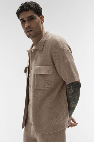 Alo Yoga Sports Club Sweater Knit Short Sleeve Button Up - Gravel in Saudi Arabia