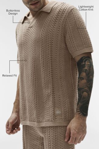 Alo Yoga Coastline Knit Short Sleeve Polo - Gravel in Saudi Arabia