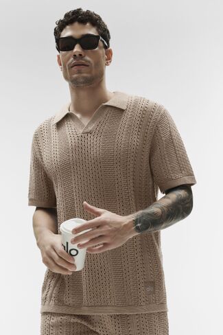 Alo Yoga Coastline Knit Short Sleeve Polo - Gravel in Saudi Arabia
