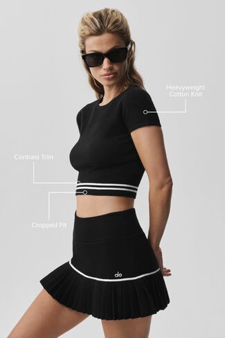 Alo Yoga Scholar Knit My Service كم قصير - أسود/أبيض in Kuwait