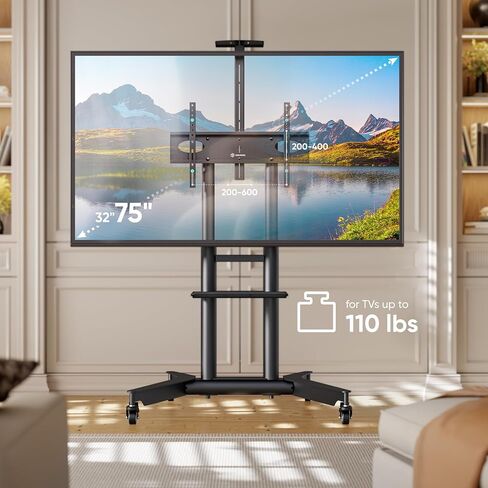 ONKRON Mobile TV Stand 32-75 Inch, up to 110 lbs, max VESA 600x400, Black | TV rolling cart height adjustable 39.3"-57.6", AV & webcam shelves, locking wheels; for home, office & meeting rooms in Saudi Arabia