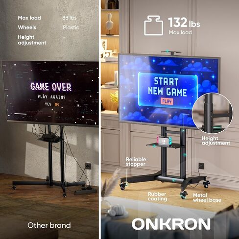 ONKRON Mobile TV Stand 32-75 Inch, up to 110 lbs, max VESA 600x400, Black | TV rolling cart height adjustable 39.3"-57.6", AV & webcam shelves, locking wheels; for home, office & meeting rooms in Saudi Arabia