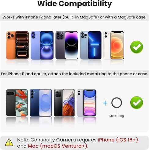Itramax 360° Continuity Camera iPhone Webcam Mount for iMac&Desktop Monitor | Magnetic PC Phone Webcam Holder Stand,Metal Rings,for MagSafe iPhone 17 16 15 14 13 12 11 XR XS,Apple TV,Studio Display,Black in Saudi Arabia