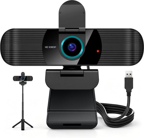 كاميرا ويب Pro HD 1080p/30fps مع حامل ثلاثي القوائم وكاميرا USB خارجية للكمبيوتر الشخصي/الكمبيوتر المحمول | ميكروفونات مزدوجة لإلغاء الضوضاء | التركيز التلقائي | زاوية واسعة | تصحيح الإضاءة المنخفضة | دوران 360 درجة | مستشعر سيموس | التوصيل والتشغيل in Kuwait
