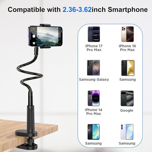 Webcam Stand Camera Desk Mount with Phone Holder for Logitech C922 GoPro | 36" Flexible Webcam Stand, Thick Base & Clamp Mount | Compatible with Logitech C930e/C930/C920/C922x/Brio 4K & GoPro Hero 8-4 in Saudi Arabia