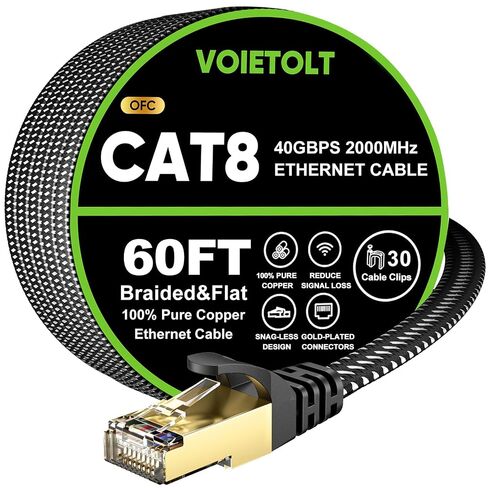 Cat 8 Ethernet Cable 20 FT Flat, High Speed 40Gbps 2000Mhz Braided Internet Cable with Gold Plated RJ45 Network LAN Cable SSTP, Heavy Duty Ethernet Cord Compatible for PS4/5, for Modems, PC in Saudi Arabia