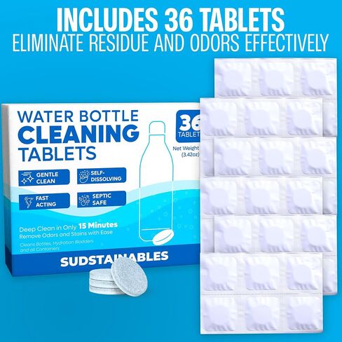 Sudstainables Water Bottle Cleaner Tablets, 36 Count | Cleans reusable bottles, tumblers, flasks and hydration packs. Removes stains and odors without scrubbing. in Saudi Arabia