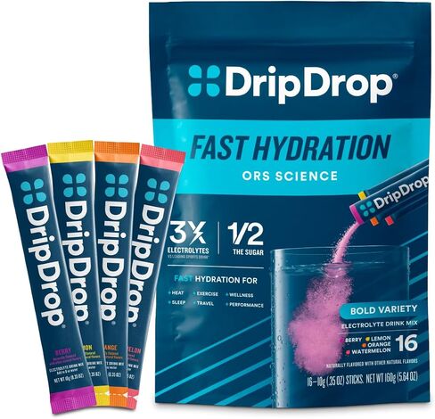DripDrop Hydration Bold Variety Pack, Electrolyte Packets, 32 Count | Watermelon, Berry, Lemon & Orange; 3X Electrolytes, Vitamin C, Magnesium, Potassium, Zinc; Single Serve Powder Drink Mix in Kuwait