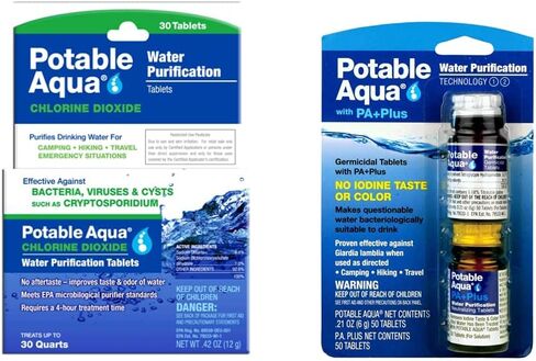 Potable Aqua Chlorine Dioxide Water Purification Tablets - 30 Count & Water Purification Tablets with PA Plus - Two 50 Count Bottles in Saudi Arabia
