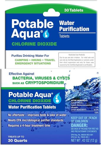 Potable Aqua Chlorine Dioxide Water Purification Tablets - 30 Count & Water Purification Tablets with PA Plus - Two 50 Count Bottles in Saudi Arabia