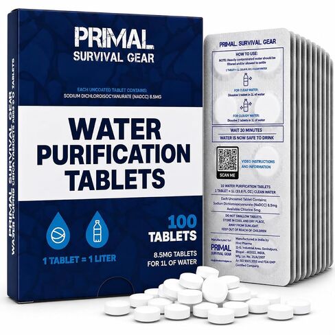 Water Purification Tablets- Water Purifier Tablets for Emergency Water - Hiking, Camping, Survival, Emergency – Drinking Water Filtration System Survival Tabs - Purificador De Agua - 100 Tablets - 4G in Saudi Arabia