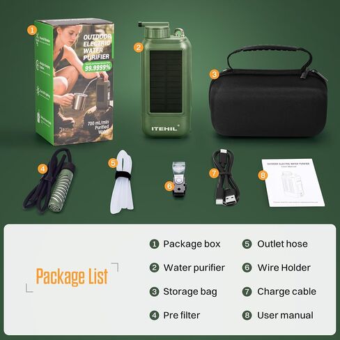 ITEHIL Portable Electric Water Filter, 0.01 Micron Camping Water Purifier with Solar, Outdoor Water Purification System for Camping, Hiking, Emergency & Survival in Kuwait