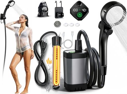 Upgraded Portable Shower with Heater,Outdoor Heated Camping Shower | 2000W Portable Camping Water Heater with Shower Head 3 Spray Modes,6000mAh Rechargeable Portable Shower Pump with LED Display in Saudi Arabia