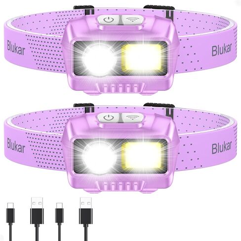 Blukar LED Headlamp Rechargeable, 2000L Super Bright Headlight Flashlight | 8 Modes & Stepless Dimming, Spotlight & Floodlight, Motion Sensor, IPX5 Waterproof for Camping,Hiking,Running,Fishing -2 Pack in Kuwait