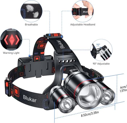 Blukar LED Headlamp Rechargeable,Ultra Bright Headlight with 3 Lights | 5 Modes, Zoomable, Spotlight & Floodlight Combination, 20+Hrs Runtime, IPX6 Waterproof Head Lamp for Running, Hiking, Camping in Saudi Arabia