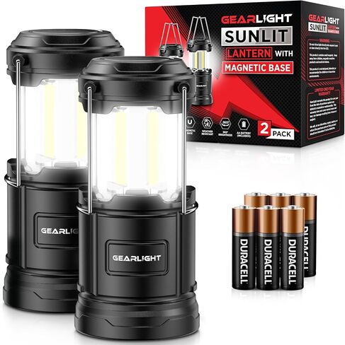 GearLight Camping Lantern - 2 Portable LED Battery Powered Lantern with Magnetic Base and Foldable Hook for Emergency Use or Campsites, Essential Hurricane Survival Kit with Batteries - Black in Saudi Arabia