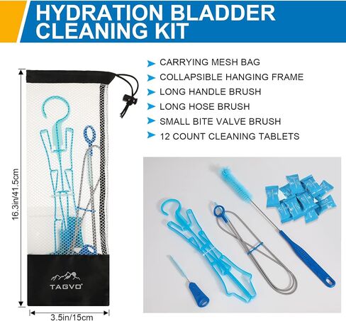 TAGVO Hydration Bladder Cleaning Kit, 6 in 1 Water Bladder Cleaner Set - 3 Brushes, Collapsible Hanger, 12 Cleaning Tablets & Carry Pouch, Water Reservoir Backpack Cleaning Tools in Saudi Arabia