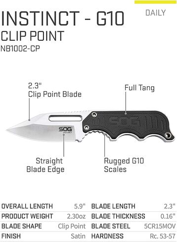 SOG Small Fixed Blade Knife - Instinct Boot Knife, EDC Knife, Neck Knife, 2.3 Inch Full Tang Blade w/ Knife Sheath and Clip, 4in. x 1in. x 8.5in. (NB1012-CP) , Black | 2.3 5cr15mov Blade, G10 and Stainless Handle, 5.9 Overall, 2.3 Oz, Molded Nylon Sheath  in Kuwait