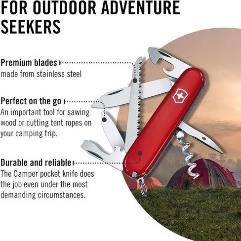 Victorinox Camper 13 Function Swiss Army Pocket Knife, Red | outdoors camping essential wood saw can opener and corkscreww in Kuwait