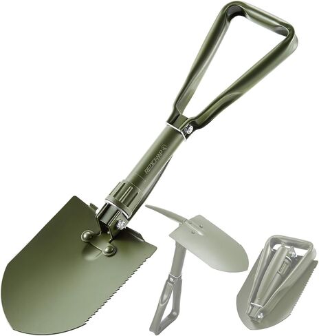 REDCAMP 23" Military Folding Camping Shovel w/Cover,Portable Shovel with High Manganese Steel, Tactical Entrenching Tool Tri-fold Handle Shovel for Camping Hiking Sand Mud Snow Beach, Green 2.5Lbs in Kuwait