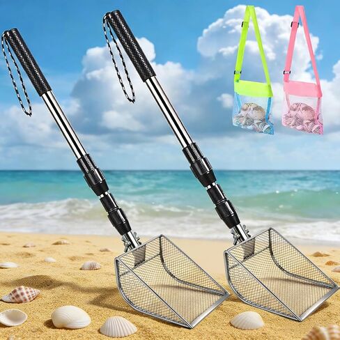 Upgraded 2Pcs Shark Tooth Sifter,Beach Sand Shovel Set,Effortless Angled Design Sand Scoop Shell Scooper for Easy Digging,Reinforced Head,Telescoping Handle for Kids Adults (2pcs Sand Sifter) in Kuwait