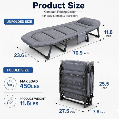 Aoran Camping Cot for Adults,Folding Camping Bed with 6-Level Adjustable Backrest,Heavy Duty Reclining Sleeping Cot with Mattress and Pillow,Outdoor Cot for Camping,Home and Office, Supports 450 LBS in Saudi Arabia
