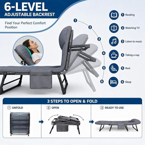 Aoran Camping Cot for Adults,Folding Camping Bed with 6-Level Adjustable Backrest,Heavy Duty Reclining Sleeping Cot with Mattress and Pillow,Outdoor Cot for Camping,Home and Office, Supports 450 LBS in Saudi Arabia