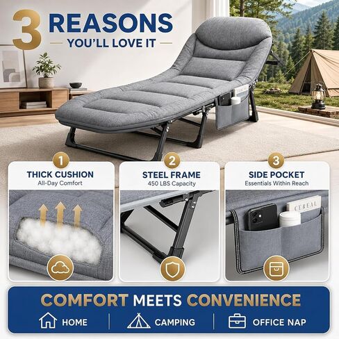 Aoran Camping Cot for Adults,Folding Camping Bed with 6-Level Adjustable Backrest,Heavy Duty Reclining Sleeping Cot with Mattress and Pillow,Outdoor Cot for Camping,Home and Office, Supports 450 LBS in Saudi Arabia