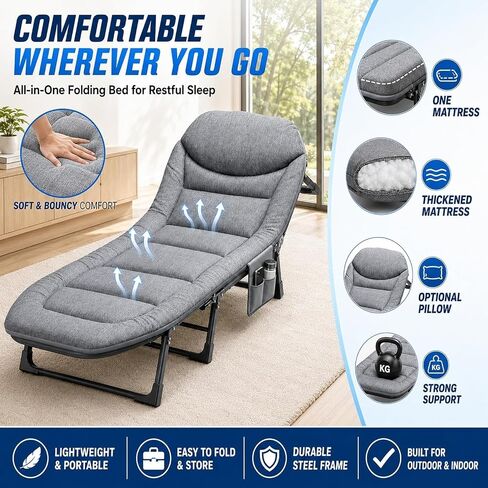 Aoran Camping Cot for Adults,Folding Camping Bed with 6-Level Adjustable Backrest,Heavy Duty Reclining Sleeping Cot with Mattress and Pillow,Outdoor Cot for Camping,Home and Office, Supports 450 LBS in Saudi Arabia