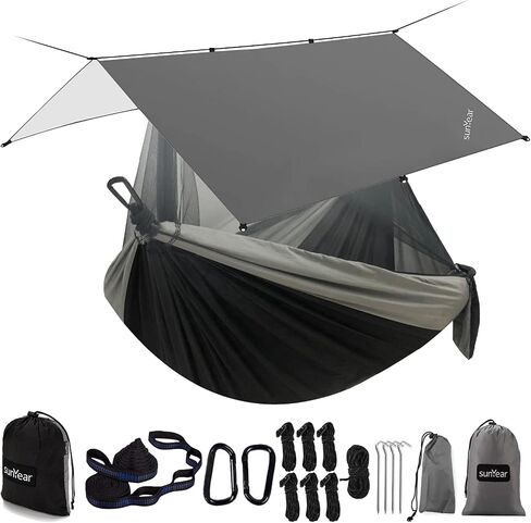 Sunyear Hammock Camping with Rain Fly Tarp and Net, Portable Camping Hammock Double Tree Hammock Outdoor Indoor Backpacking Travel & Survival, 2 Tree Straps,100% Waterproof Black Bundle in Saudi Arabia